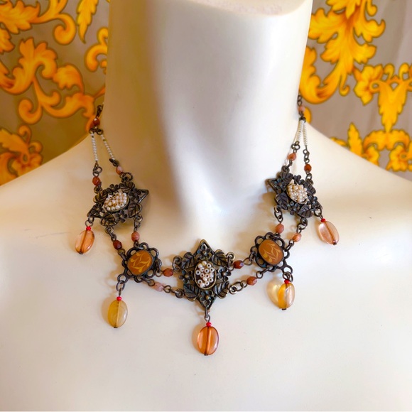 Nordstrom Jewelry Vintage Choker Necklace Brass Flower Crystal